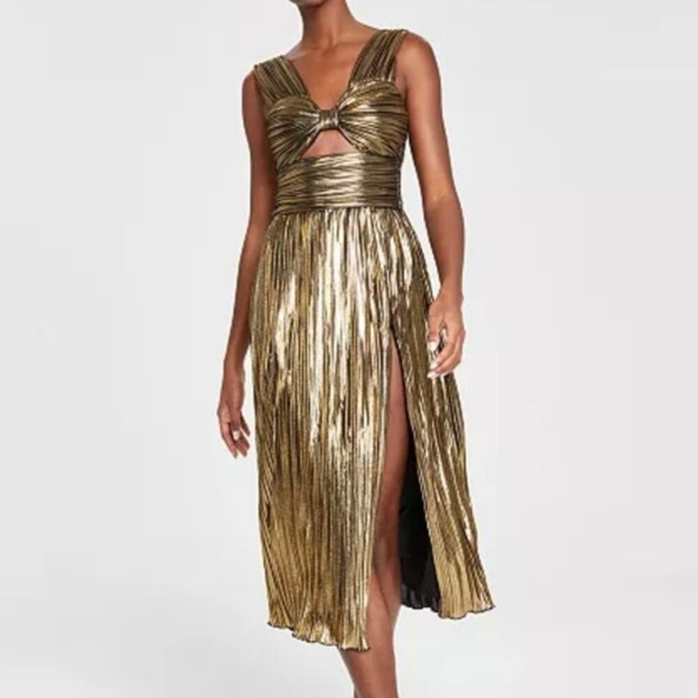 Avec Les Filles Bow-Front Metallic Gold Cutout Midi Dress